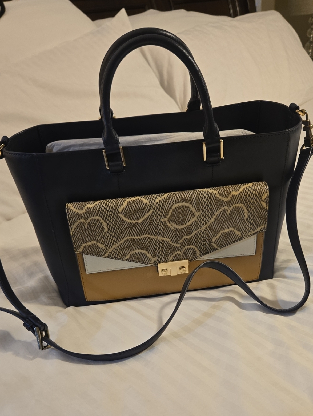 Tory Burch Structured E/W Navy Tote with Tan & Snake-Print Accent